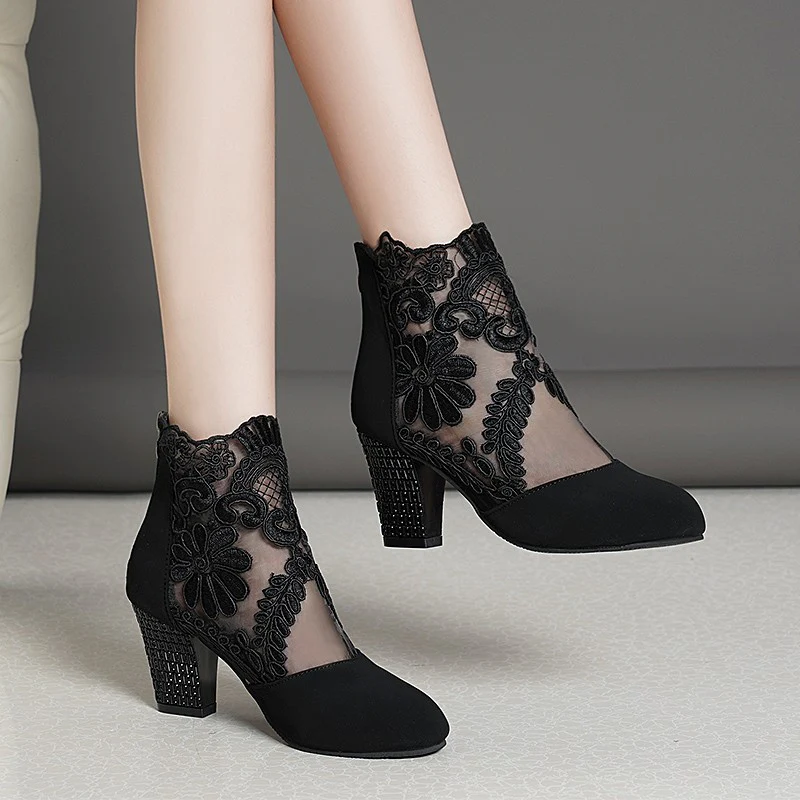 Women's Filigree Lace Heeled Sandal - Architectural Cutout Mesh Stilettos with Cushion & Extended Sizes